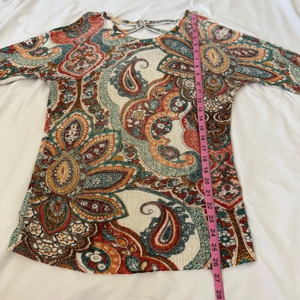 Chico's Women's Paisley Cross-back Detail 3/4 Sleeve Sweater 00 xs Colorful Knit
